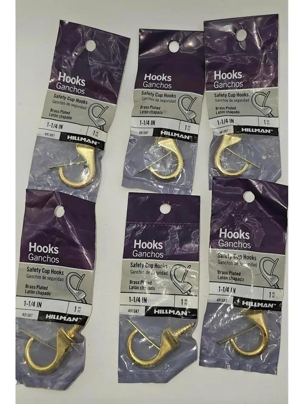 Hillman Brass Plated Safety Cup Hooks 1-1/4 Inch - 6 Pack